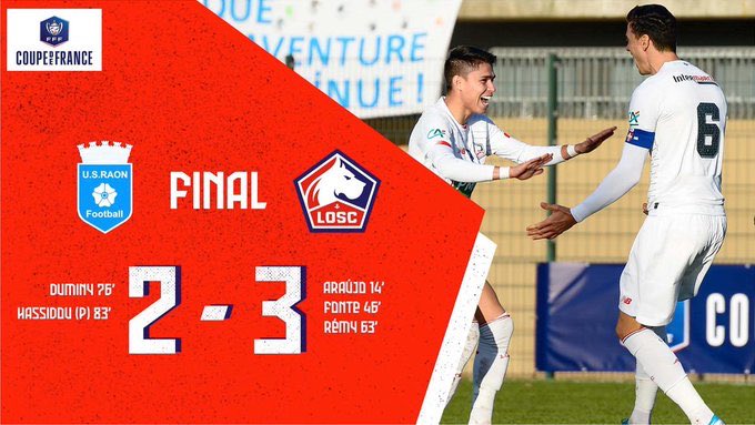 Coupe de France (32e de finale) : l'US Raon-l'Etape éliminé par Lille (2-3).